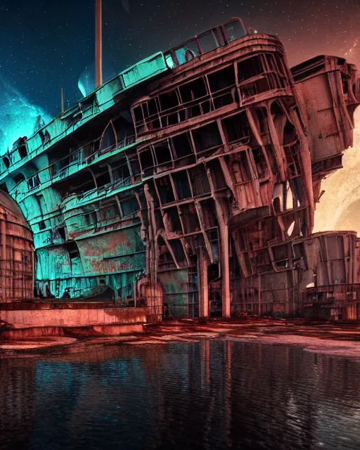 Image similar to a beautiful hyperdetailed render of shipwreck industrial architecture urbex by gordon bunshaft, at night synthwave tundra thermal vision nightsky galactic evil wilderness lake alien sci - fi futuristic gem dramatic lightning retrowave, archdaily, wallpaper, highly detailed, trending on artstation.