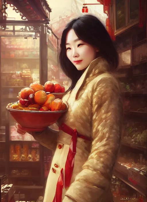 Image similar to beautiful grocery chinese woman in coat ， winer ， wenjun lin intricate, elegant, highly detailed, digital painting, artstation, concept art, matte, sharp focus, illustration, hearthstone, art by artgerm and greg rutkowski and alphonse mucha