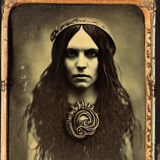 Image similar to tintype ambrotype daguerreotype of a cthulhu priestess adorned in occult jewelery with tentacle hair. emerging walking out of a baroque frame. striking face.