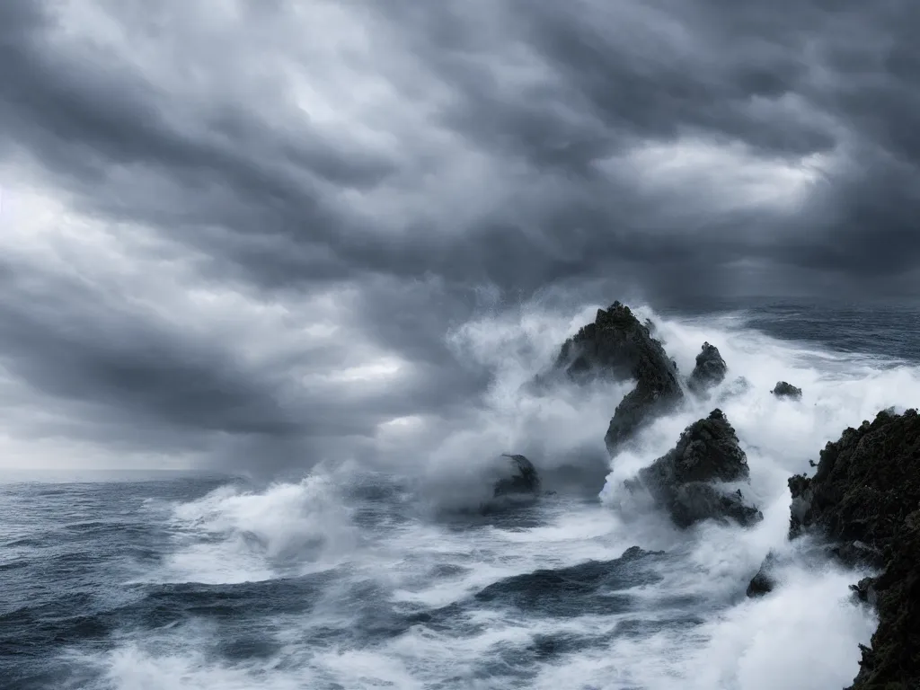 Image similar to detailed sea, high cliff, very detailed dark super storm, hyper realistic cloud, impressive, magical, very atmospheric, smoke boiling, cinematic, deep, very high complexity, stunning, masterpiece, weather photography, very detailed. 4 k