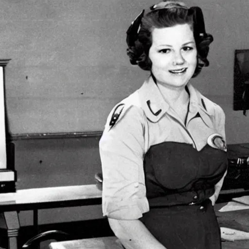 Image similar to Pam from the office, in WWII at her reception desk