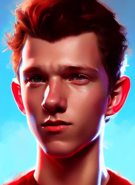 Image similar to portrait of tom holland with hazel eyes, hazel eyes, red shirt, intricate, elegant, glowing lights, highly detailed, digital painting, artstation, concept art, smooth, sharp focus, illustration, art by wlop, mars ravelo and greg rutkowski