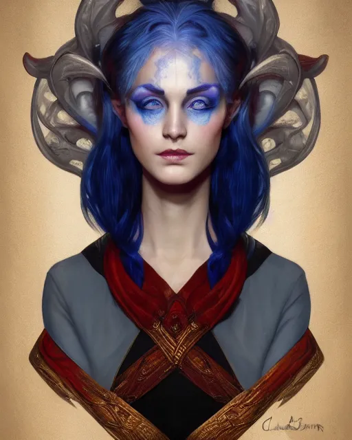 Prompt: A detailed matte oil on canvas head on symmetrical portrait of a distinguished elven woman with vertically split mirrored red and blue hair on an empty background , by Charlie bowater and lise deharme wlop, trending on artstationhd, dungeons and dragons art, critical role