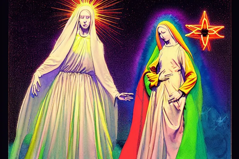 Image similar to a hyperrealist watercolour character concept art portrait of the blessed mary in rainbow gown on well lit night in las vegas, nevada. there is a ufo. neon roses. by rebecca guay, michael kaluta, charles vess and jean moebius giraud