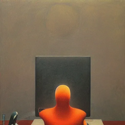 Image similar to gamer at his computer Zdzisław Beksiński, oil on canvas