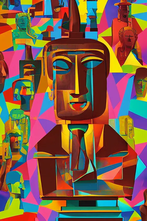 Image similar to cubist moai statue cutout digital illustration cartoon colorful beeple