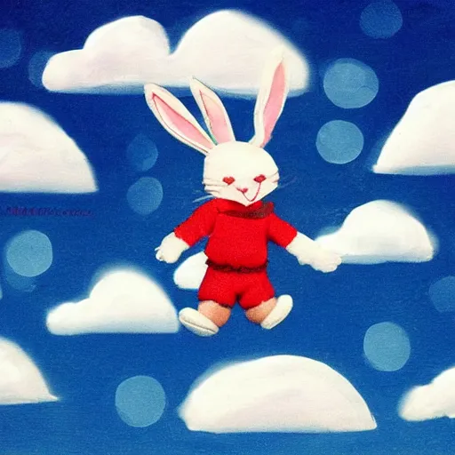 Image similar to bunny wearing boots flying in the clouds