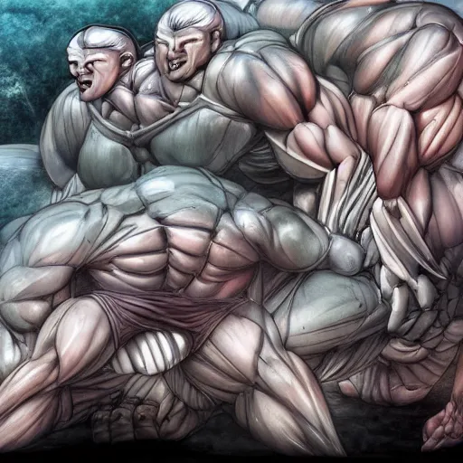 Image similar to a crawling mountain of muscles, highly detailed, anime, pale colors, award winning pictures, by studio mappa, by studio wit