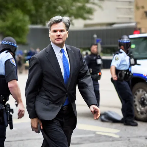 Image similar to fbi director Christopher wray getting arrested by police agents, photo 85mm, f/1.3