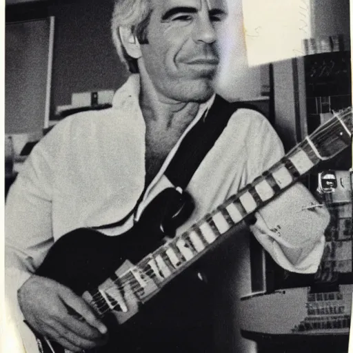 Prompt: polaroid photo of jeffrey epstein playing guitar, 1 9 8 0 s,