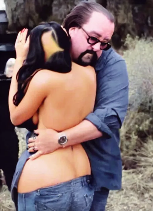 Image similar to film still of kim kardashian being hugged by bubbles from trailer park boys,