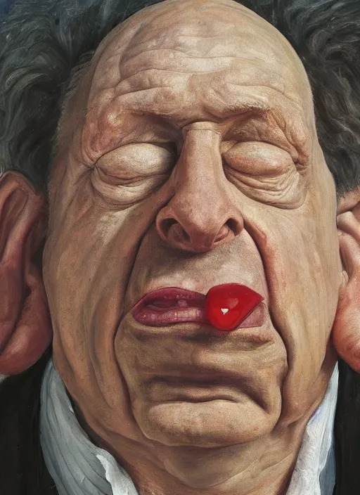 Image similar to Real life Homer Simpson, deceased, painted by Lucian Freud, highly detailed, 8k