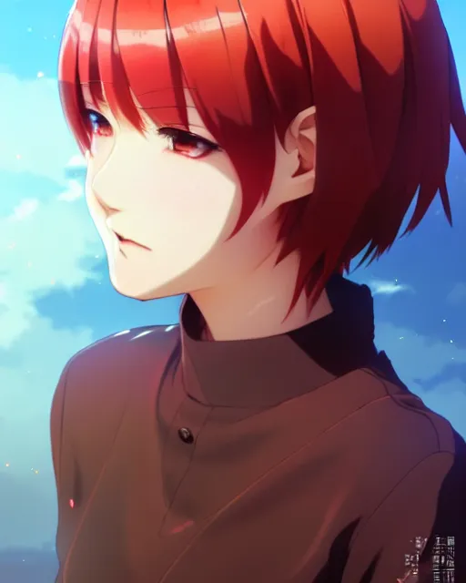 Image similar to beautiful anime woman, wearing full clothing red shirt brown pants, black and red hair hair, galaxy eyes, clockpunk, symmetrical face, symmetrical eyes, full round face, short smile, detailed, summer setting, cinematic lighting, medium shot, mid - shot, makoto shinkai, artgerm, ilya kuvshinov, loish