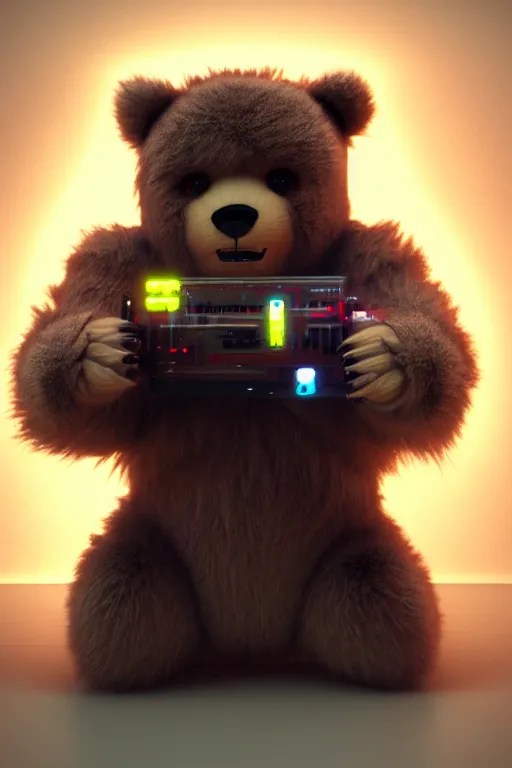 Image similar to high quality 3 d render very cute fluffy cyborg bear! plays electric guitar, cyberpunk highly detailed, unreal engine cinematic smooth, in the style of blade runner & detective pikachu, hannah yata charlie immer, moody light, low angle, uhd 8 k, sharp focus