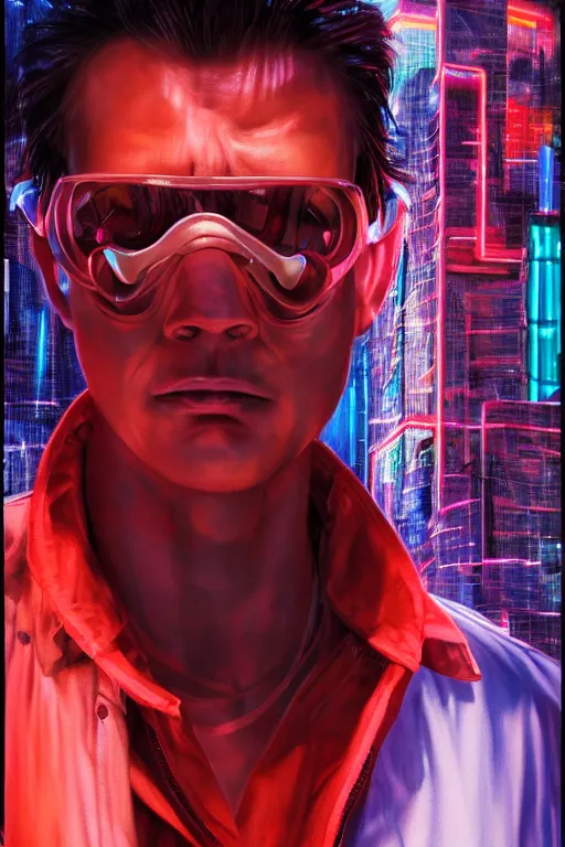 Image similar to detailed portrait of a cyberpunk male with face augmentations, strong neon lighting, raining, mysterious, mirror shades, by glenn fabry, hyper realistic, HD, oil on canvas