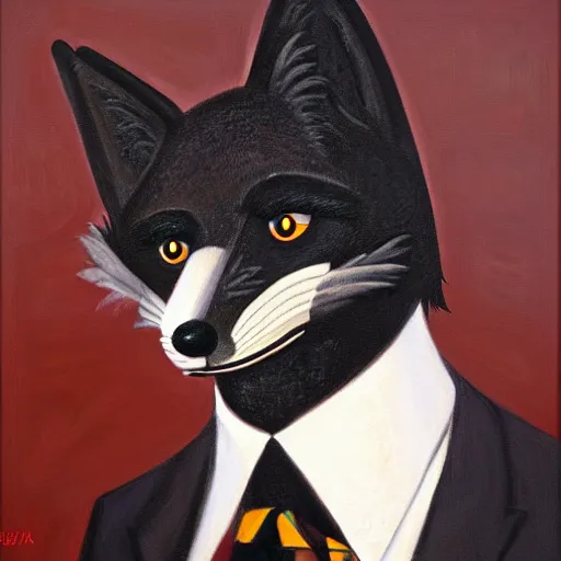 Image similar to portrait of a male anthro anthropomorphic black fox furry fursona with hands on eyes, wearing a suit, 1 9 7 0 s oil on canvas painting, by famous artist jylon denja