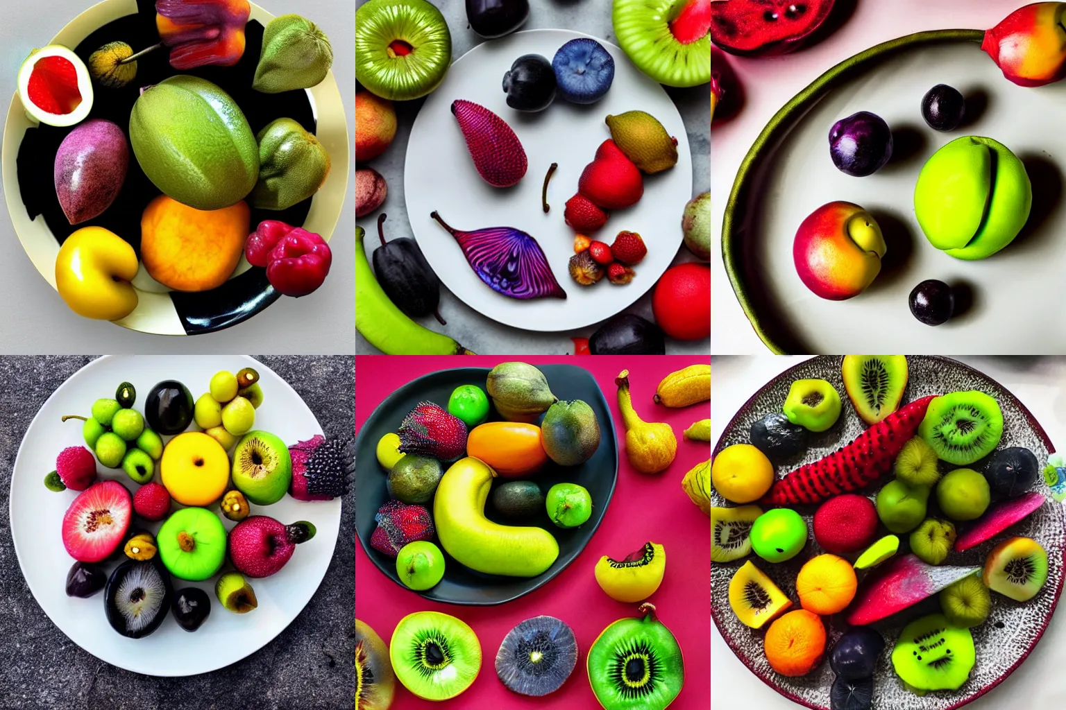 Prompt: A plate of various alien fruits from another planet, photograph