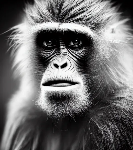 Image similar to Award winning Editorial photograph of Early-medieval Scandinavian Folk monkey with incredible hair and fierce hyper-detailed eyes by Lee Jeffries, 85mm ND 4, perfect lighting, wearing traditional garb, With huge sharp jagged Tusks and sharp horns, gelatin silver process