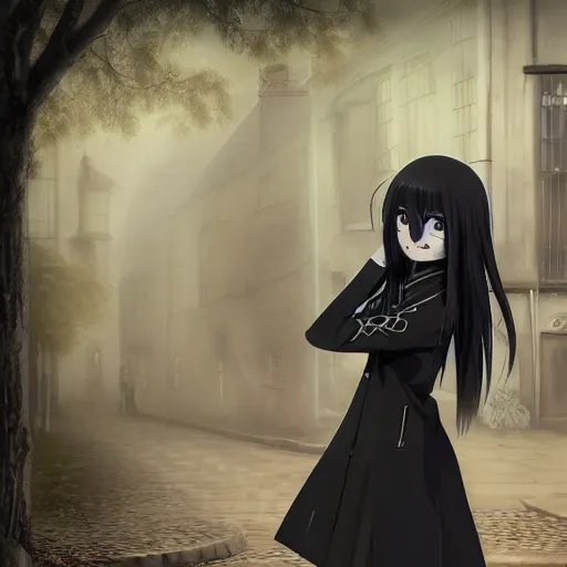 Image similar to 1 7 - year - old anime goth girl, black hair, long bob cut, long bangs, gothic coat, long bangs, united kingdom, rainy day, small town, midlands, english village, street scene, ultra - realistic, sharp details, cold lighting, blue and gray colors, intricate details, subsurface scattering, hd anime, 2 0 1 9 anime