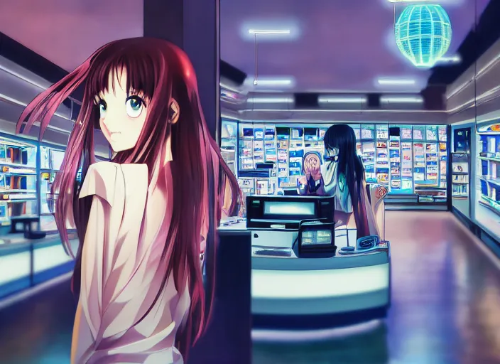 Image similar to lomography, anime, portrait of a young woman in a samsung shop interior shopping, glowing, haruhiko mikimoto, hisashi eguchi, lodoss, dynamic pose and perspective, dramatic lighting, detailed facial features, rounded eyes, sharpened image, yoshinari yoh