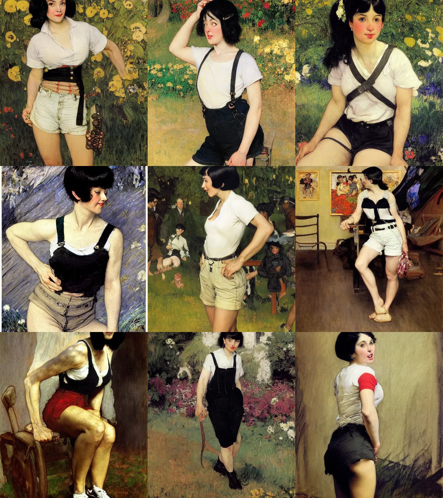 Prompt: a woman with black hair and long pixie haircut in shorts with suspenders and white t-shirt drawn by george bellows, norman rockwell, frank frazetta, alphonso azpiri, peter paul rubens, alphonse mucha, gustav klimt 4k, unreal 5, DAZ, french noveau, trending on artstation, octane render, hyperrealistic