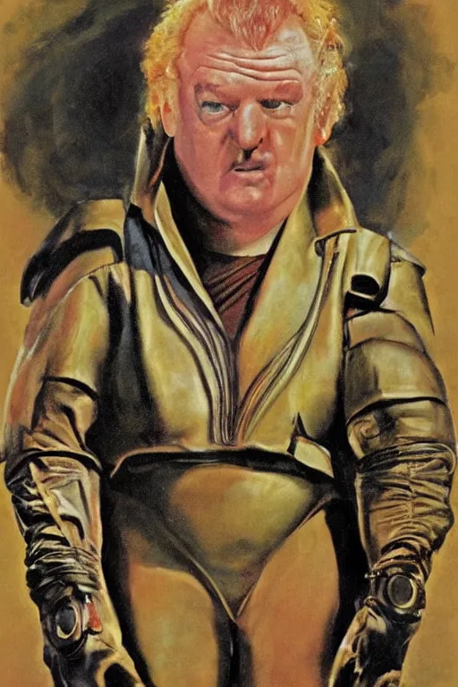 Image similar to full body portrait of actor kenneth mcmillan as baron harkonnen wearing leather spacesuit in dune, colour painting by normal rockwell and phil hale