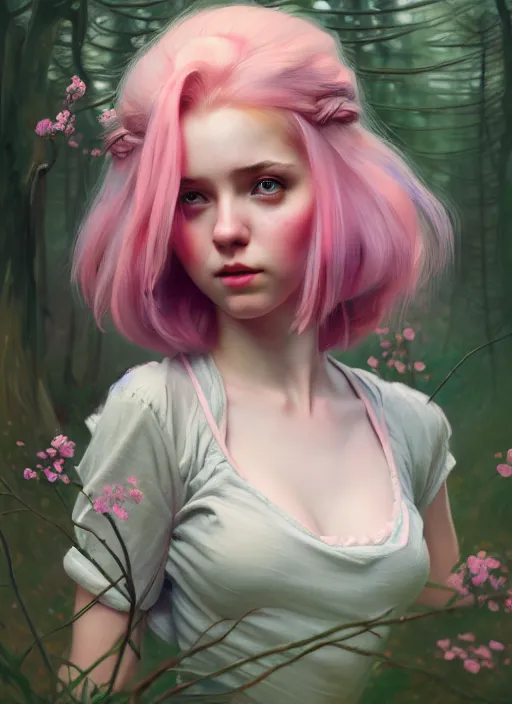 Prompt: whimsical young woman, beautiful girl, full body, pink hair, in a forest, realistic, serov, surikov, vasnetsov, repin, kramskoi, insanely detailed, charlie bowater, tom bagshaw, high resolution, octane rendered, unreal engine, illustration, trending on artstation, masterpiece, 8 k