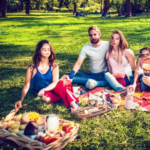 Image similar to people on a picnic, photo portrait, symmetry, awesome exposition, very detailed, highly accurate, professional lighting diffracted lightrays, 8 k, sense of awe