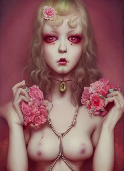 Image similar to pop surrealism, lowbrow art, realistic seductive cute woman painting, pink body harness, japanese shibari, hyper realism, muted colours, rococo, natalie shau, loreta lux, tom bagshaw, mark ryden, trevor brown style,