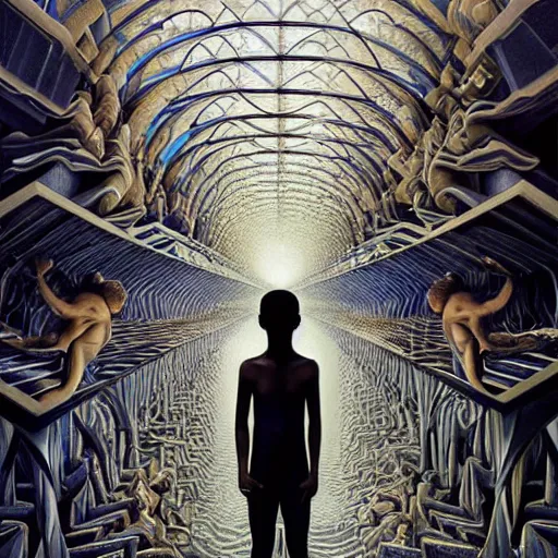 Image similar to a breathtaking 8 k resolution matte painting of a black boy lost inside a vast and endless four dimensional hall of mirrors, in a symboloic and meaningful style, by m. c. escher and alex grey and android jones