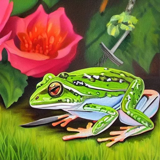 Prompt: a beautiful painting of singular frog digging a garden with a shovel, trending on artstation