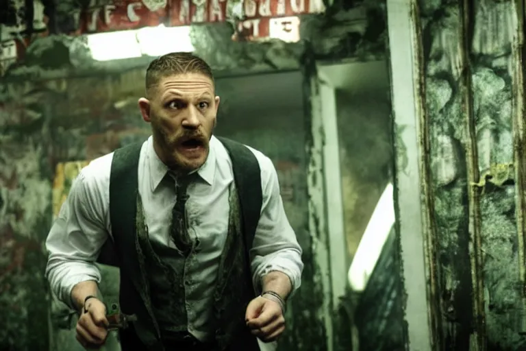 Prompt: film still of Tom Hardy as Max Payne in a creepy funhouse in the Max Payne movie, 4k