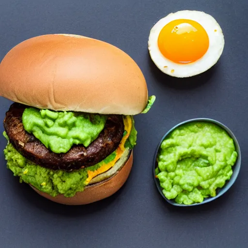 Image similar to juicy vegan hamburger topped with guacamole, fried onion and a vegan fried egg, crispy buns, 8 k resolution, professional food photography, studio lighting, sharp focus, hyper - detailed