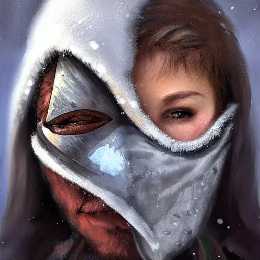 Image similar to a fantasy snow bandit from ‘ icewind dale ’ with mask, ‘ icewind dale 2 ’ profile portrait by ‘ justin sweet ’, falling snow, soft focus, illustrated, oil paint, artstation