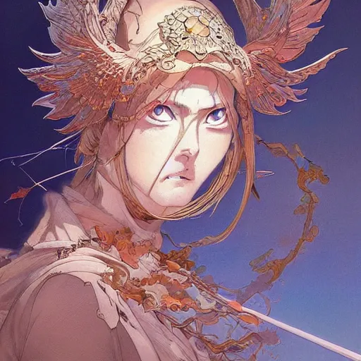 Prompt: prompt : magestic warrior portrait soft light painted by james jean and katsuhiro otomo, inspired by evangeleon anime, smooth face feature, intricate oil painting, high detail illustration, sharp high detail, manga and anime 1 9 9 0