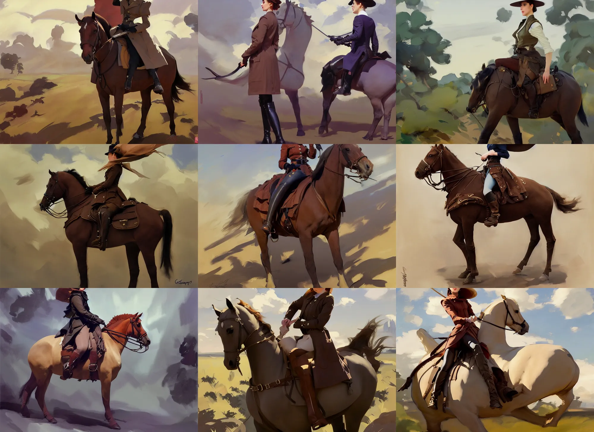 Image similar to cloth fabric jodhpurs knee high boots travel coat fashion, riding horse, greg manchess painting by sargent and leyendecker, studio ghibli, fantasy, medium shot, asymmetrical, intricate, elegant, matte painting, illustration, hearthstone, by greg rutkowski, by greg tocchini, by james gilleard, by joe fenton