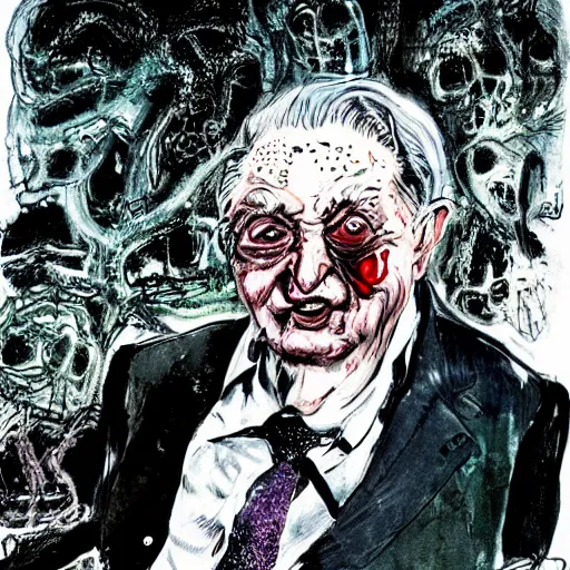 Image similar to George Soros by Ralph Steadman, illustration, body horror, biopunk