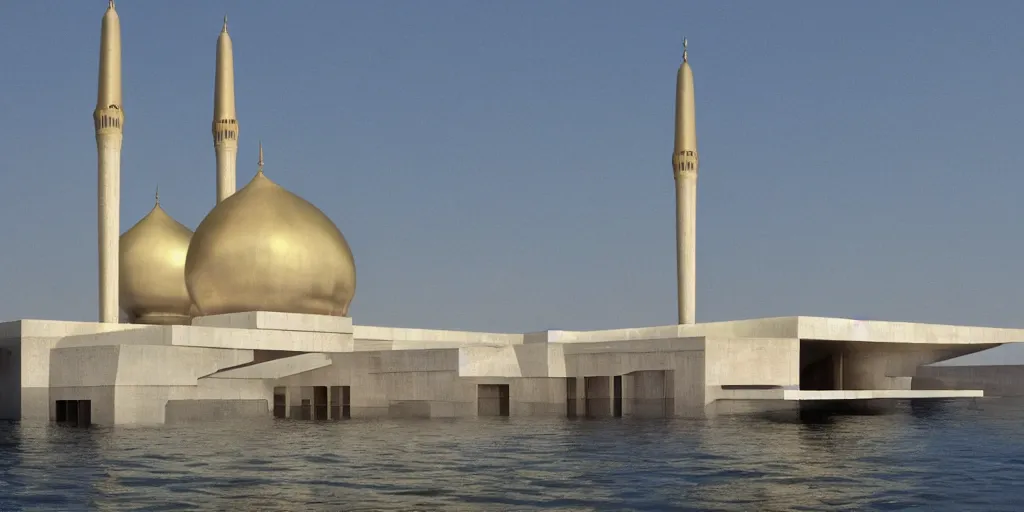 Image similar to mosque floating spaceship by louis kahn, golds fantasy world