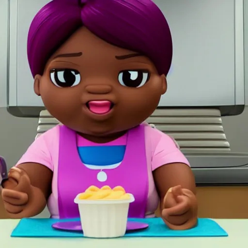 Image similar to fat doc mcstuffins eating mcdonald's, cartoon, extremely detailed, realistic