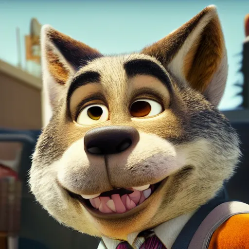 Image similar to a film still from zootopia main character portrait anthro anthropomorphic wolf security guard head animal person fursona wearing suit and tie pixar disney dreamworks animation sharp rendered in unreal engine 5 octane key art by greg rutkowski bloom dramatic lighting modeling expert masterpiece render