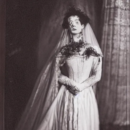 Prompt: dslr photo portrait still of young elsa lanchester as the bride, by gustave dore, 8 5 mm, f 1. 8,