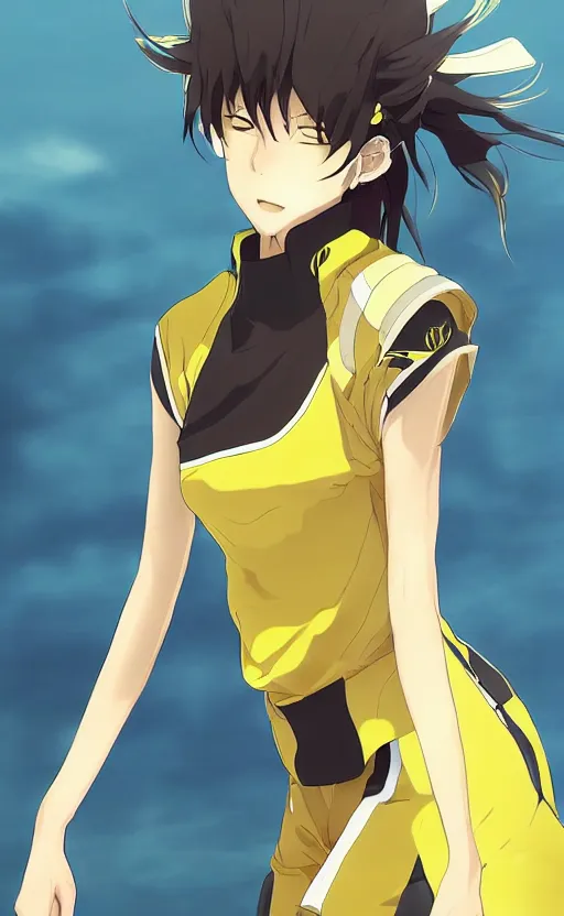 Image similar to character design, manga style, realistic lighting, futuristic solid colors, made by nakaaki masashi, safebooru, from arknights, female beach volley player, elegant, futuristic yellow lens, sport clothing, simple background