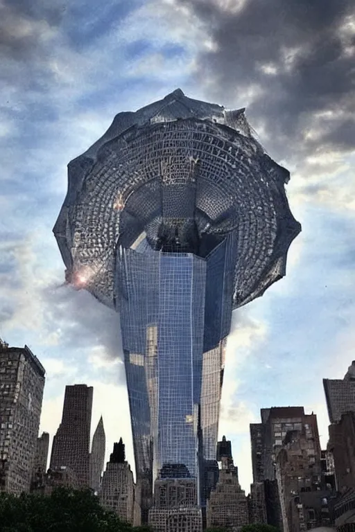 Image similar to giant alien spaceship in the sky of New York, a photo taken on iPhone, photo taken from the ground, social media