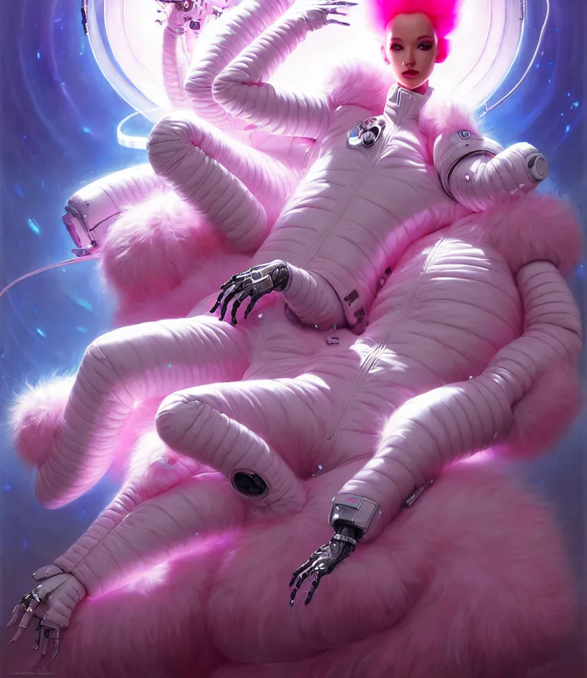 Image similar to beautiful fantasy character portrait, wearing pink puffy bomber jacket with white fur, seductive reclining pose, futuristic robots sitting, ultra realistic, dramatic lighting, robots, the fifth element artifacts, highly detailed by peter mohrbacher, hajime sorayama, wayne barlowe, boris vallejo, aaron horkey, gaston bussiere, craig mullins