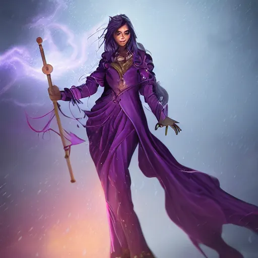 Image similar to a woman in a purple dress holding a staff and dark magic, storm and rain behind her, action scene, magical concept art, artstation contest winner, fantasy art, dark and mysterious, artstation hd, 1 2 0 mm lens, hero pose, detailed, 8 k, digital art