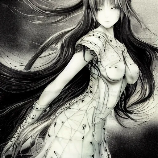 Image similar to yoshitaka amano blurred and dreamy illustration of an anime girl with black eyes, wavy white hair fluttering in the wind wearing elden ring armor and engraving, abstract black and white patterns on the background, noisy film grain effect, highly detailed, renaissance oil painting, weird portrait angle, blurred lost edges, three quarter view