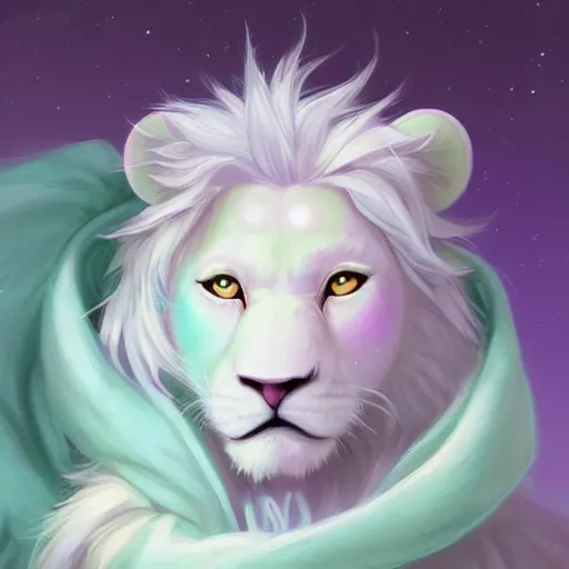 Image similar to aesthetic portrait commission of a albino male furry anthro lion under a lavender bubble filled while wearing a cute mint colored cozy soft pastel winter outfit with pearls on it, winter Atmosphere. Character design by charlie bowater, ross tran, artgerm, and makoto shinkai, detailed, inked, western comic book art, 2021 award winning painting