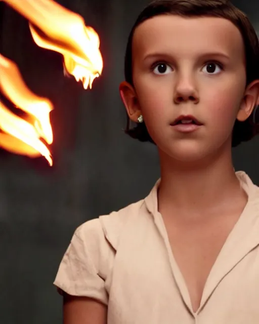 Prompt: Millie Bobby Brown made of fire, cinematic