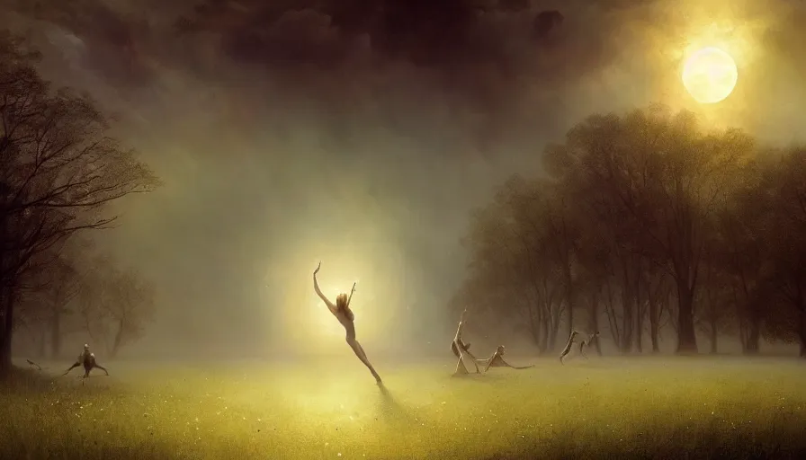 Prompt: dancers in white lit only by the moon, dancing across a flower meadow in the forbidden forest, the twilight dance of the fae by aleksi briclot, greg rutkowski and ivan aivazovsky, contemporary dancers dancing artistic photorealistic volumetric cinematic light, award - winning, atmospheric fantasy sky, oil painted surrealist abstract