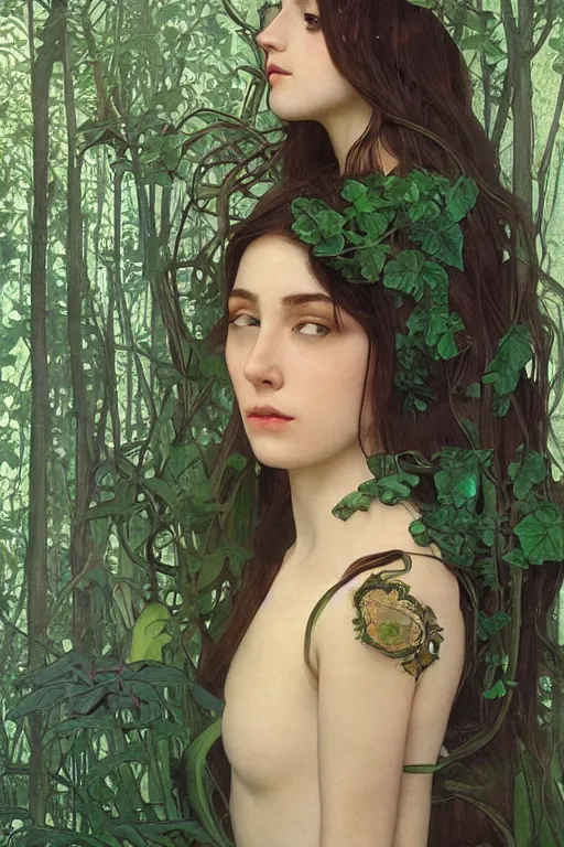 Image similar to an ( ( ( ( ( ( ( esoteric woman ) ) ) ) ) ), blending into nature!!!! with a beautiful face!!! cinematic lightning, isolated, studio lighting by alphonse mucha and tom bagshaw